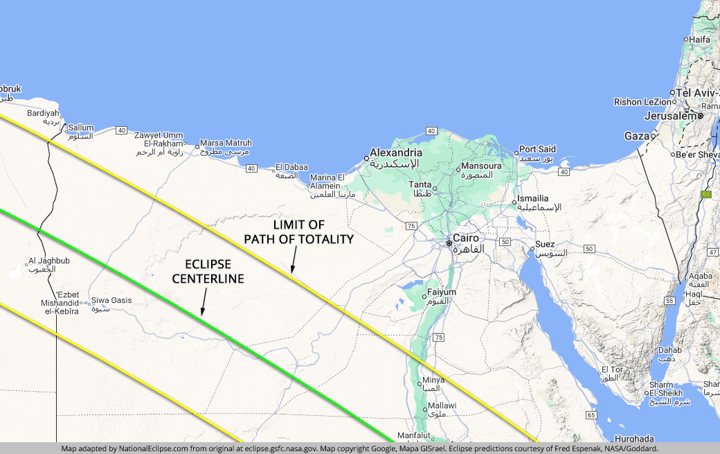 Mapa del norte de Egipto con el oasis de Siwa dentro de la franja de totalidad del 2 de agosto de 2027 y El Cairo fuera de ella.