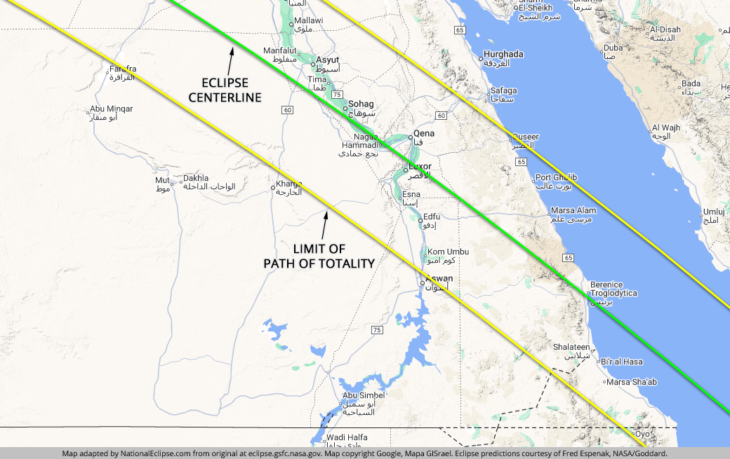 Mapa del sur de Egipto con Luxor cerca de la línea central de la franja de totalidad del 2 de agosto de 2027 a lo largo del valle del Nilo.