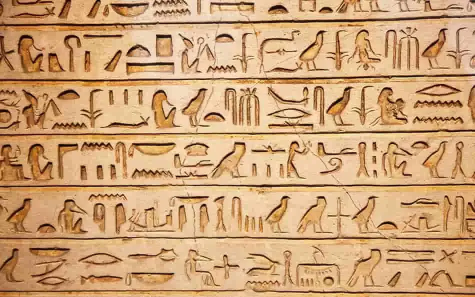 Hileras de jeroglíficos egipcios grabados en relieve en un muro de piedra clara, con aves, figuras humanas y signos