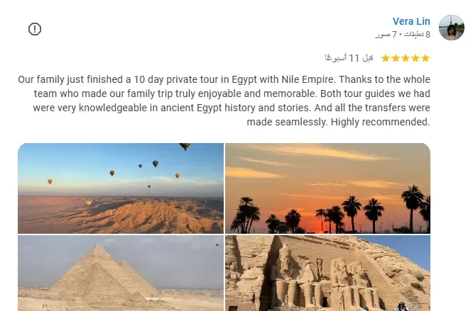 Captura de una reseña de Google de Vera Lin sobre un tour privado de 10 días por Egipto, con fotos de globos aerostáticos, palmeras al atardecer, las pirámides de Giza y Abu Simbel
