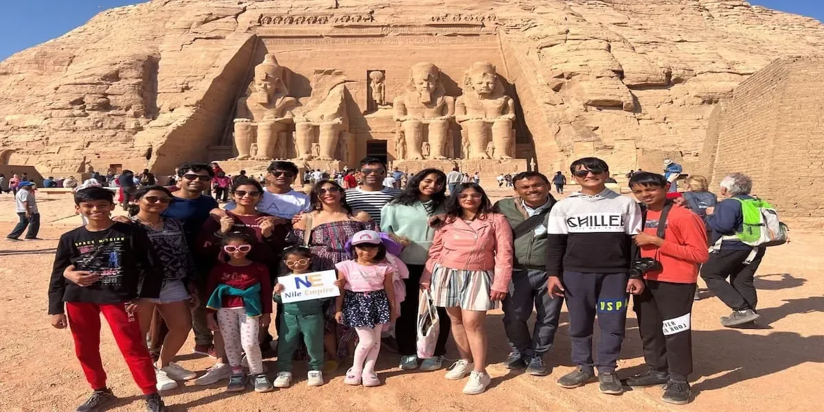 A group of international tourists safely arriving at Abu Simbel after passing through rigorous desert police checkpoints