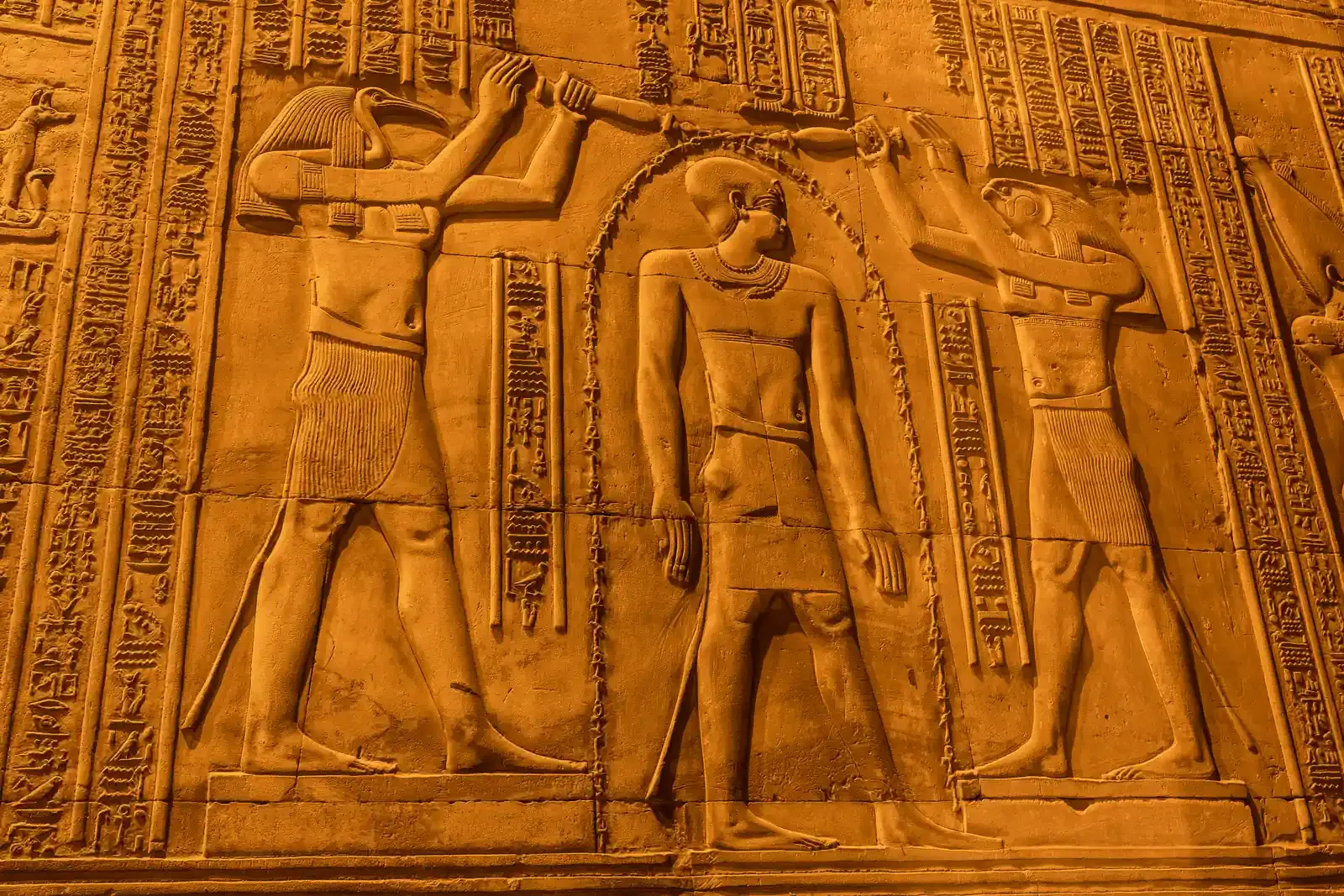Temple relief with an ibis-headed god and a falcon-headed god beside a king, with hieroglyphs and cartouches above