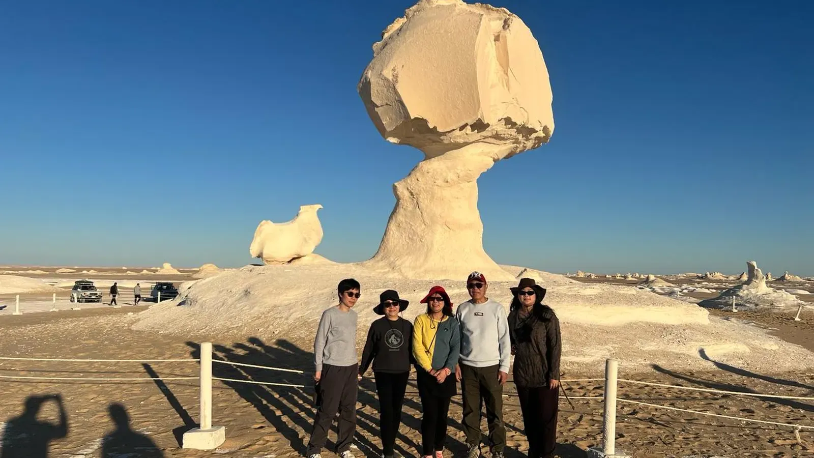 Travellers posing beside a mushroom-shaped chalk rock formation in the White Desert